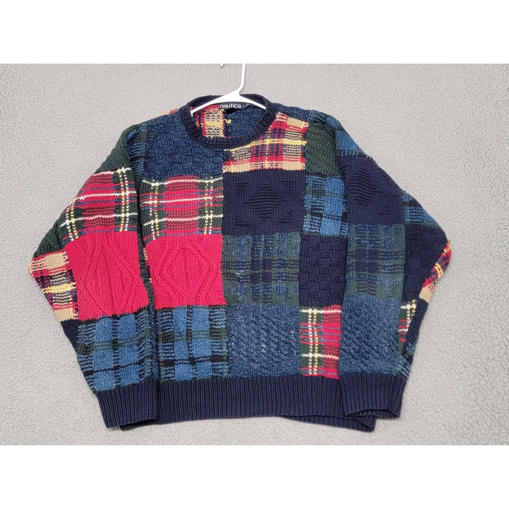 Nautica Sweater Mens Large Multicolor Patchwork Plaid Handknit Cotton Crewneck